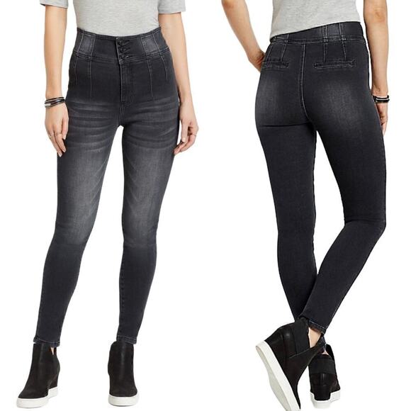 KanCan Washed Black Denim Skinny Triple Button Super High Rise Jeans Size 33 - Picture 1 of 9